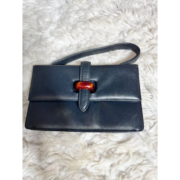 Vintage Navy Blue Leather Box Bag with Bakelite Tab Closure-AS IS - Picture 1 of 9